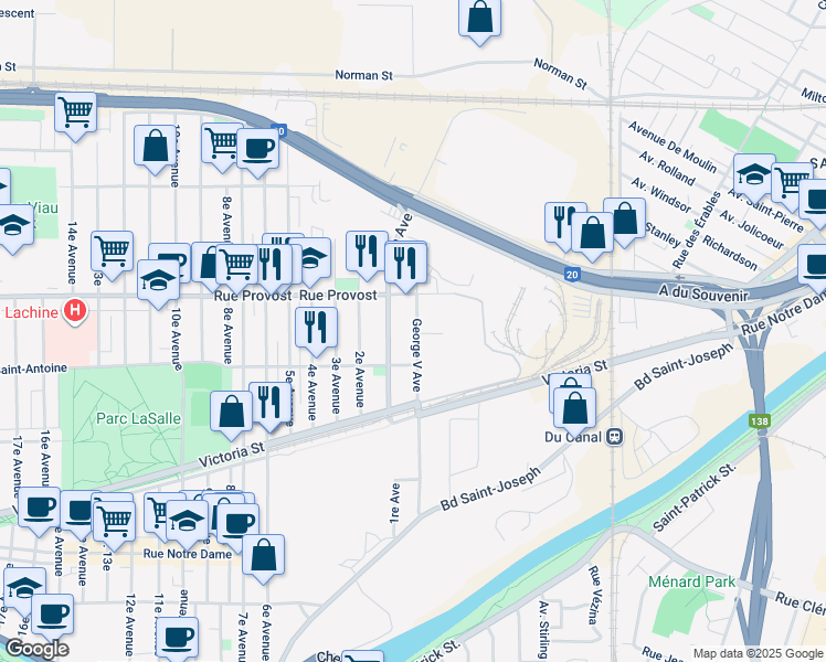 map of restaurants, bars, coffee shops, grocery stores, and more near 641 Avenue George-V in Montréal