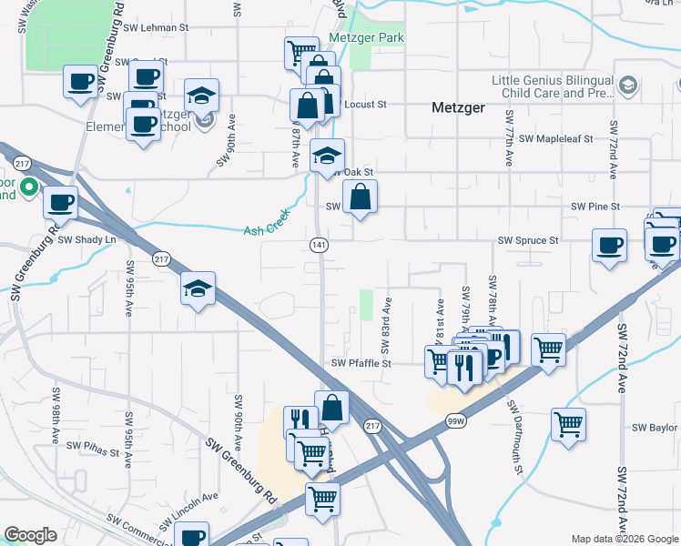 map of restaurants, bars, coffee shops, grocery stores, and more near 8542 Southwest Lucille Court in Tigard