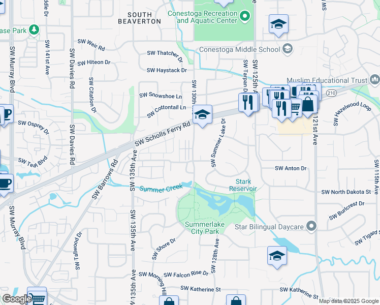 map of restaurants, bars, coffee shops, grocery stores, and more near 10925 Southwest 130th Avenue in Tigard