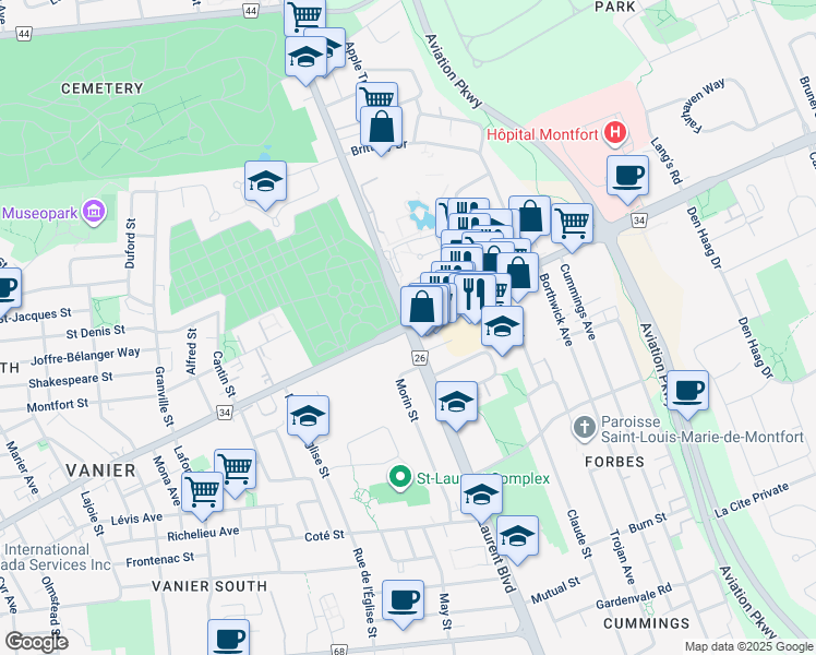 map of restaurants, bars, coffee shops, grocery stores, and more near Saint Laurent Boulevard & Montreal Road in Ottawa