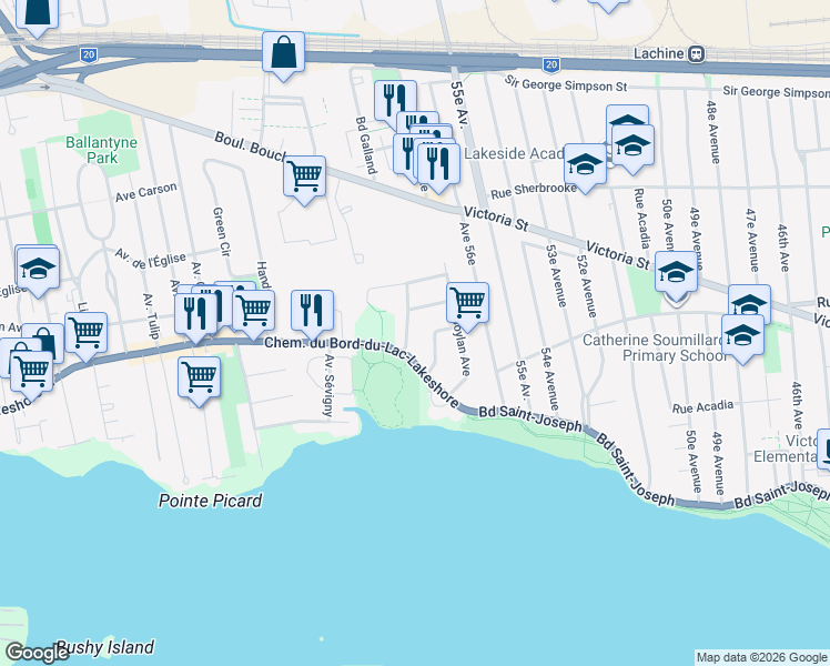 map of restaurants, bars, coffee shops, grocery stores, and more near in Dorval