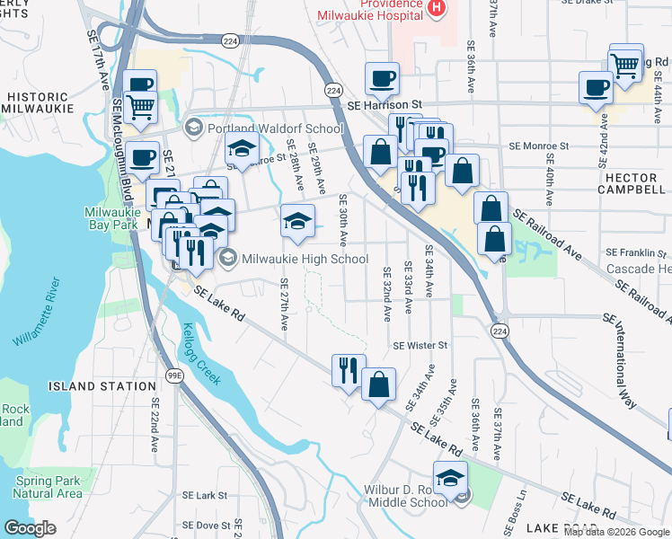 map of restaurants, bars, coffee shops, grocery stores, and more near 11337 Southeast 30th Avenue in Milwaukie