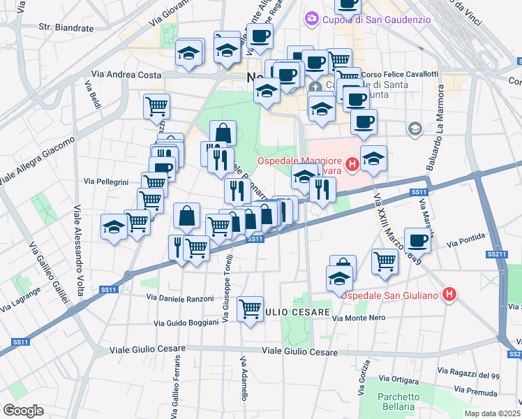 map of restaurants, bars, coffee shops, grocery stores, and more near 9 Via Claudio Monteverdi in Novara