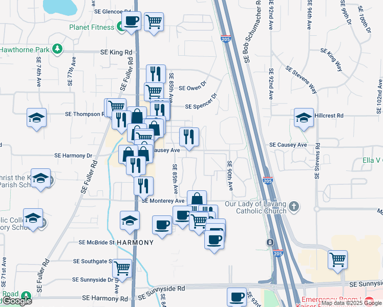 map of restaurants, bars, coffee shops, grocery stores, and more near 8640 Southeast Causey Avenue in Happy Valley