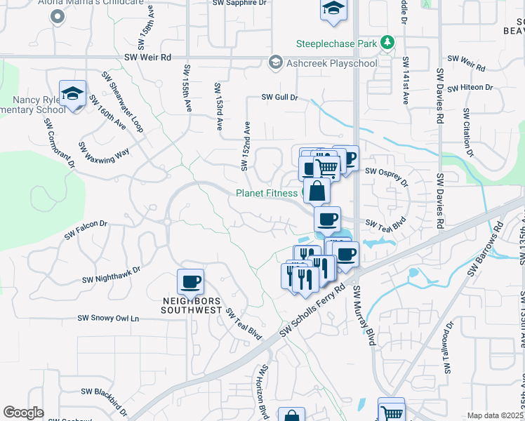 map of restaurants, bars, coffee shops, grocery stores, and more near 15220 Southwest Teal Boulevard in Beaverton