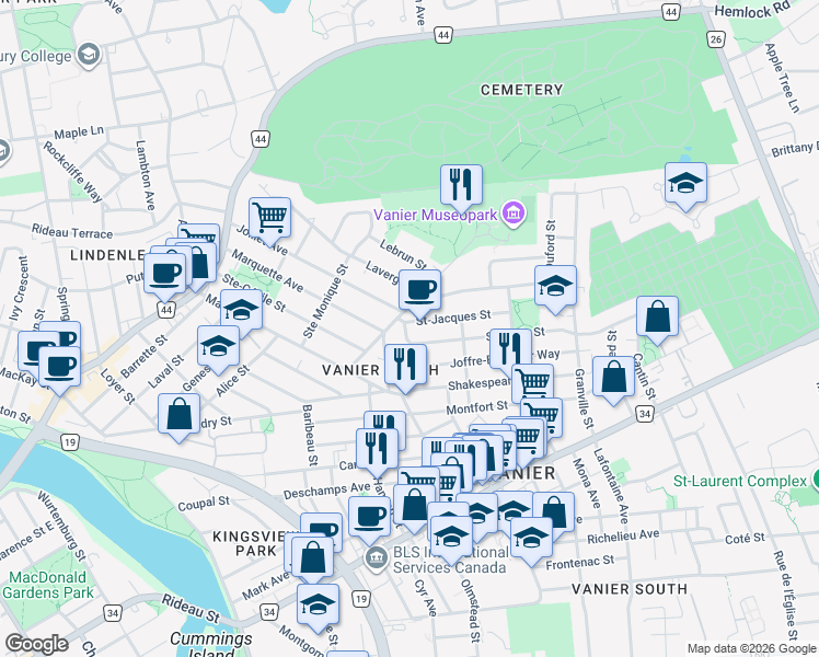 map of restaurants, bars, coffee shops, grocery stores, and more near 125 Saint Denis Street in Ottawa