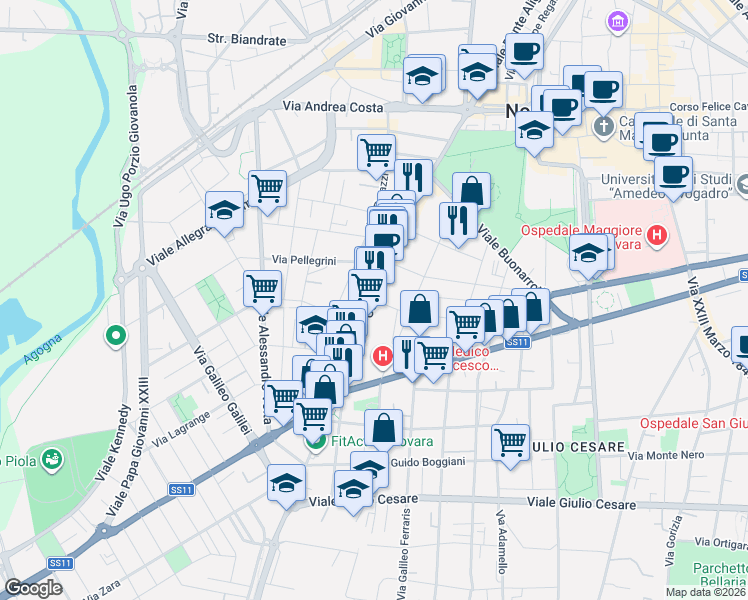 map of restaurants, bars, coffee shops, grocery stores, and more near 2-8 Via Stefano Grosso in Novara