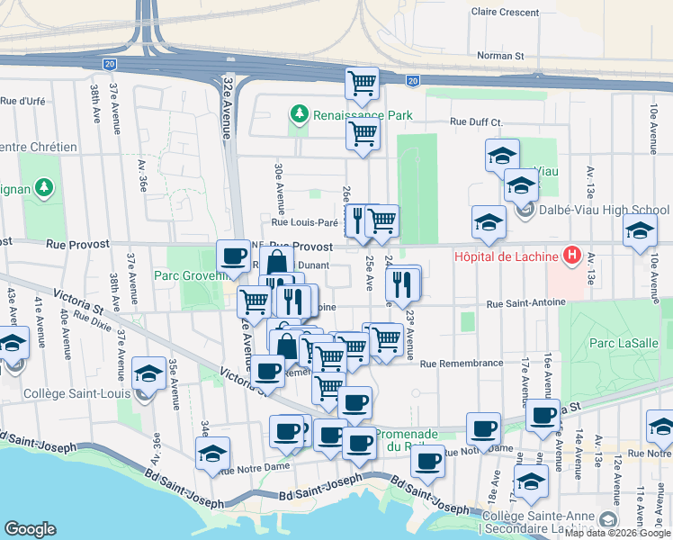 map of restaurants, bars, coffee shops, grocery stores, and more near 2685 Rue Henri Dunant in Montréal