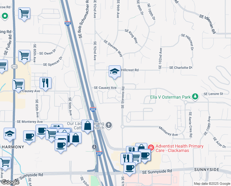 map of restaurants, bars, coffee shops, grocery stores, and more near 11249 Southeast Stevens Road in Happy Valley