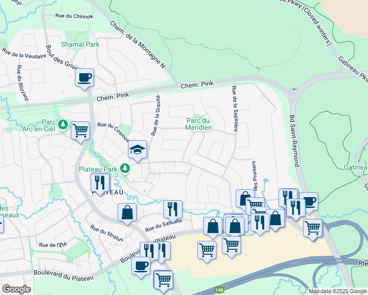 map of restaurants, bars, coffee shops, grocery stores, and more near 13 Rue de la Comète in Gatineau