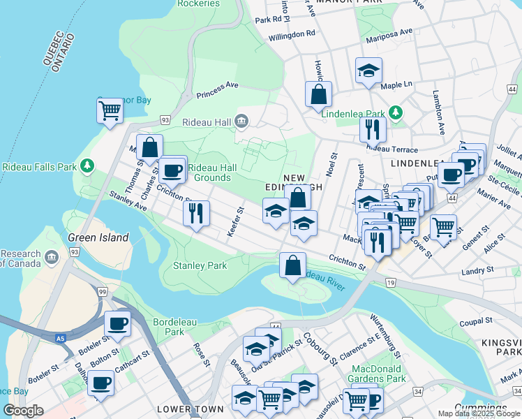 map of restaurants, bars, coffee shops, grocery stores, and more near 215 MacKay Street in Ottawa