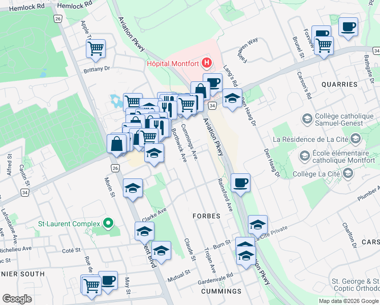map of restaurants, bars, coffee shops, grocery stores, and more near 646 Cummings Avenue in Ottawa