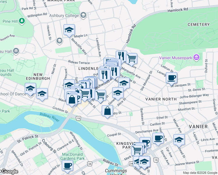 map of restaurants, bars, coffee shops, grocery stores, and more near 144 Barrette Street in Ottawa