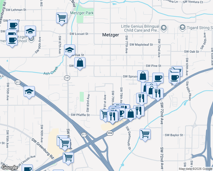 map of restaurants, bars, coffee shops, grocery stores, and more near 8100 Southwest Thorn Street in Tigard