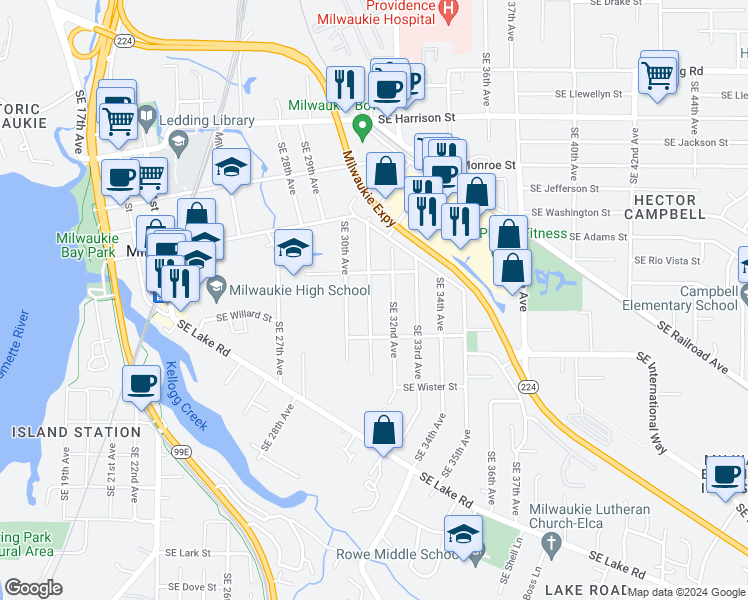 map of restaurants, bars, coffee shops, grocery stores, and more near 11332 Southeast 31st Avenue in Milwaukie
