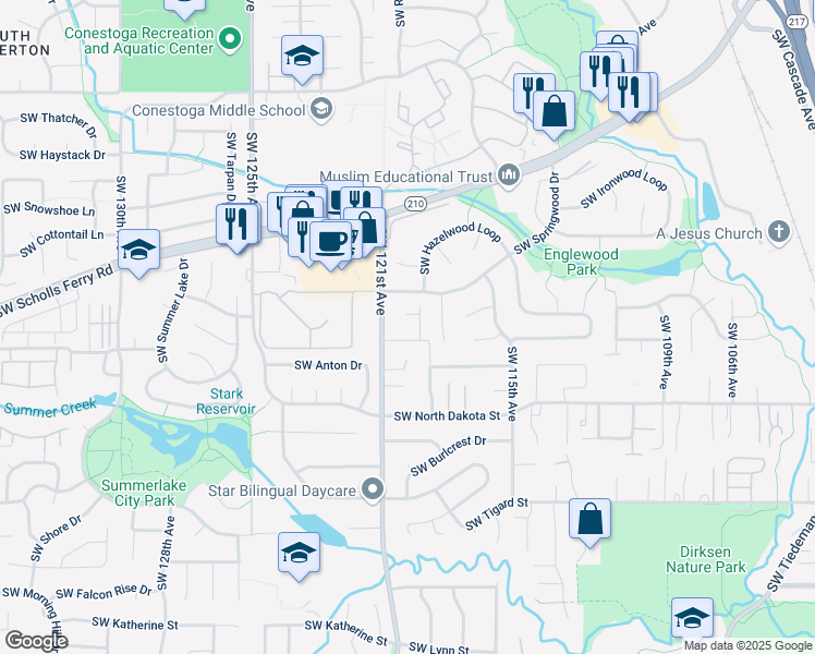 map of restaurants, bars, coffee shops, grocery stores, and more near 12079 Southwest Summerbrook Lane in Tigard