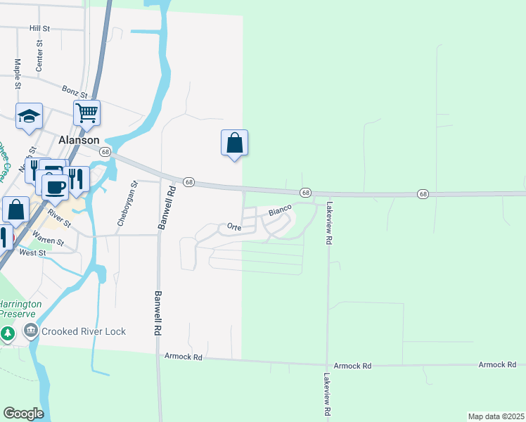 map of restaurants, bars, coffee shops, grocery stores, and more near 6783 Bianco in Alanson