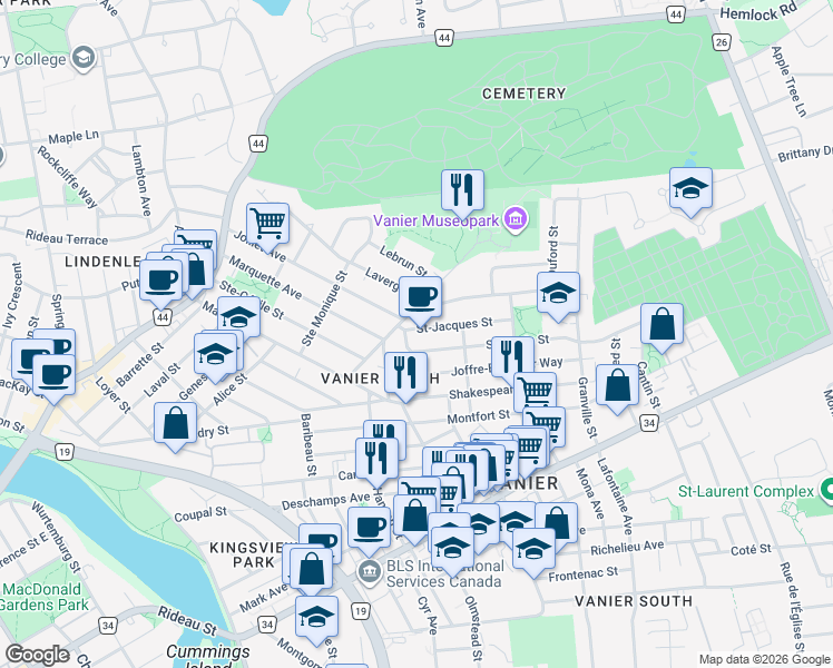 map of restaurants, bars, coffee shops, grocery stores, and more near 256 St-Jacques Street in Ottawa