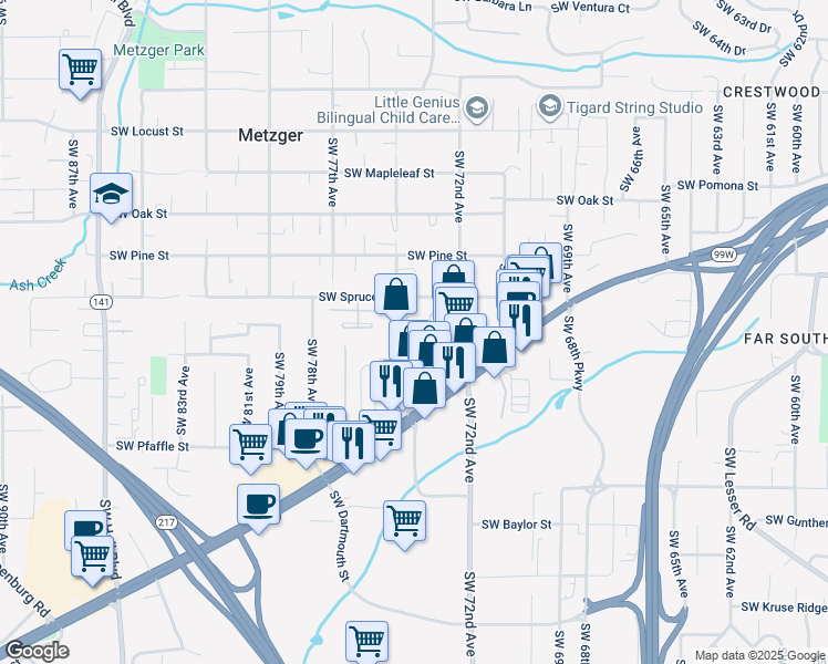 map of restaurants, bars, coffee shops, grocery stores, and more near 10945 Southwest 74th Avenue in Tigard