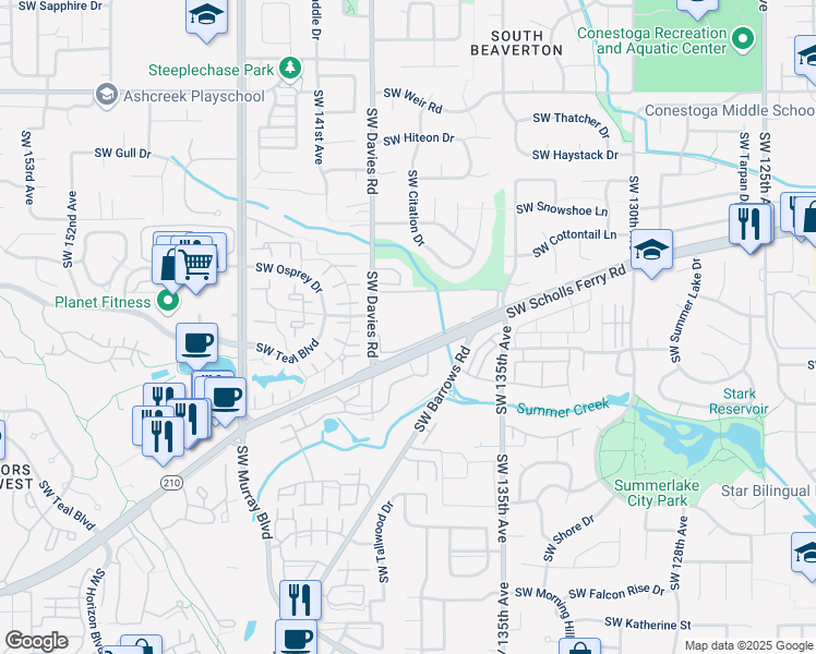 map of restaurants, bars, coffee shops, grocery stores, and more near 10880 Southwest Davies Road in Beaverton