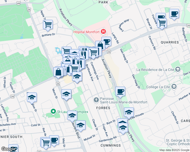 map of restaurants, bars, coffee shops, grocery stores, and more near in Ottawa