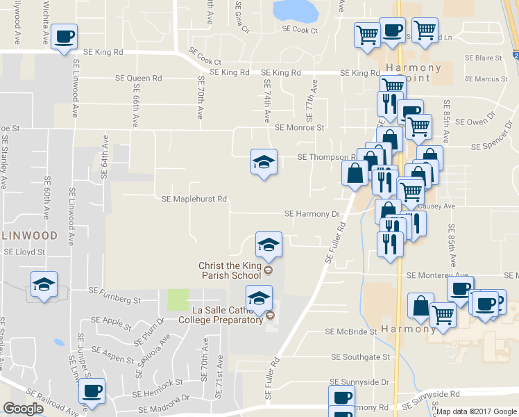 map of restaurants, bars, coffee shops, grocery stores, and more near 7317 Southeast Harmony Drive in Milwaukie