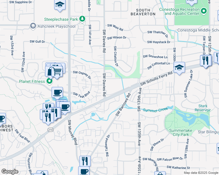 map of restaurants, bars, coffee shops, grocery stores, and more near 10880 Southwest Davies Road in Beaverton