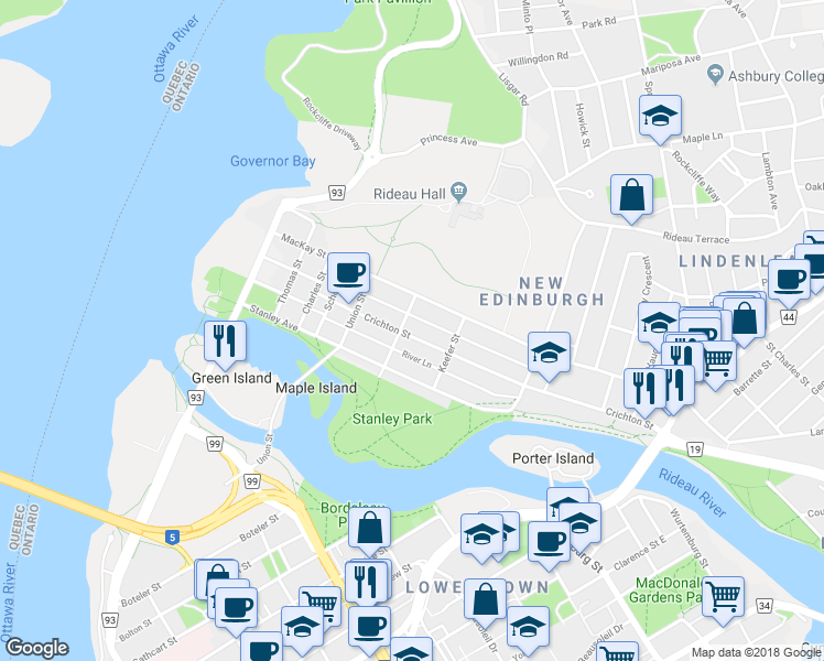 map of restaurants, bars, coffee shops, grocery stores, and more near in Ottawa
