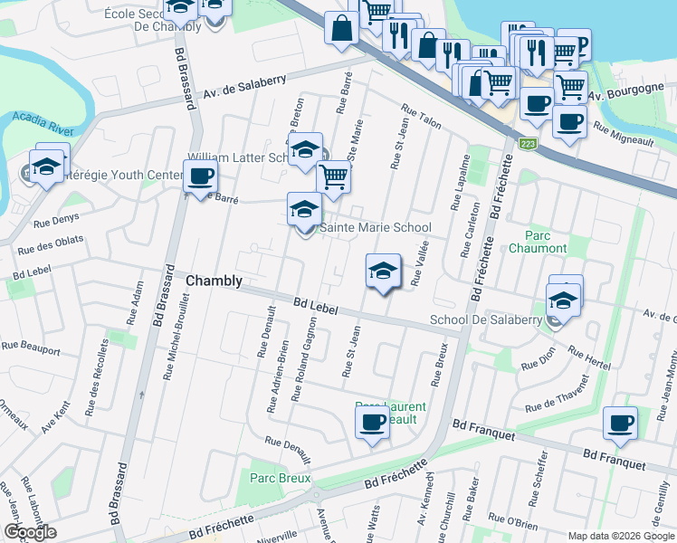 map of restaurants, bars, coffee shops, grocery stores, and more near 1194 Rue Benoit in Chambly