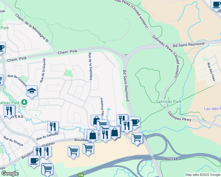 map of restaurants, bars, coffee shops, grocery stores, and more near 11 Rue des Pommiers in Gatineau