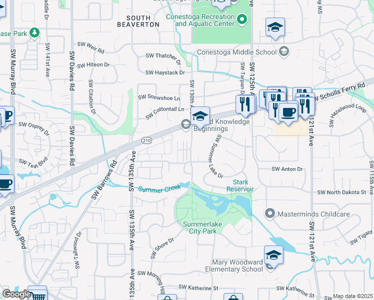 map of restaurants, bars, coffee shops, grocery stores, and more near Southwest Briarwood Place in Tigard
