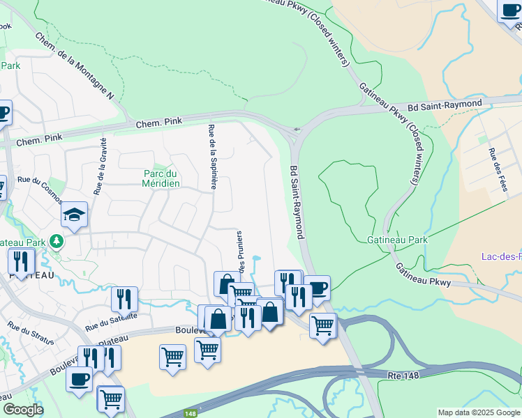map of restaurants, bars, coffee shops, grocery stores, and more near 11 Rue des Pommiers in Gatineau