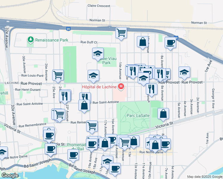map of restaurants, bars, coffee shops, grocery stores, and more near in Montreal