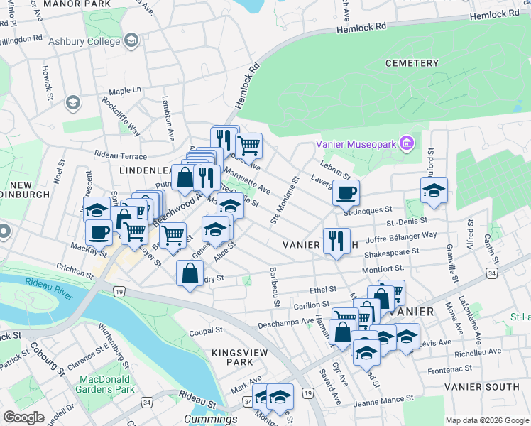 map of restaurants, bars, coffee shops, grocery stores, and more near 88 Rue Ste-Cécile Street in Ottawa
