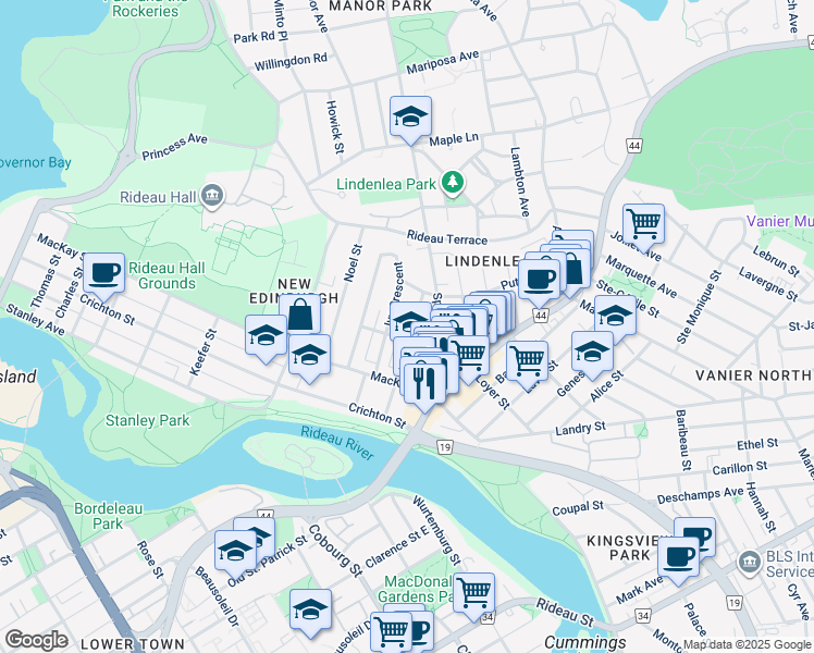 map of restaurants, bars, coffee shops, grocery stores, and more near 77 Vaughan Street in Ottawa