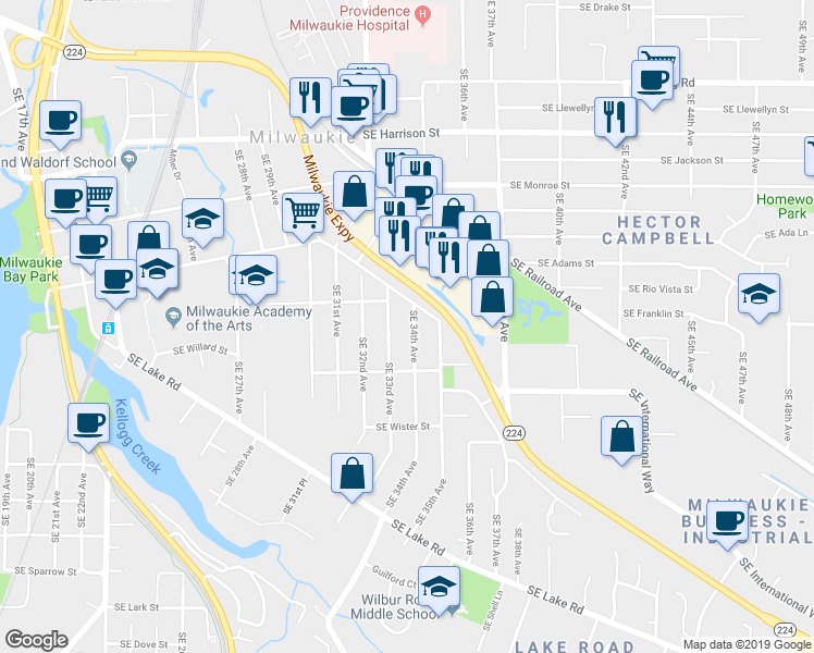 map of restaurants, bars, coffee shops, grocery stores, and more near 11305 Southeast 34th Avenue in Milwaukie