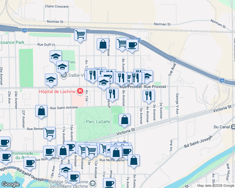 map of restaurants, bars, coffee shops, grocery stores, and more near 666 9e Avenue in Montréal