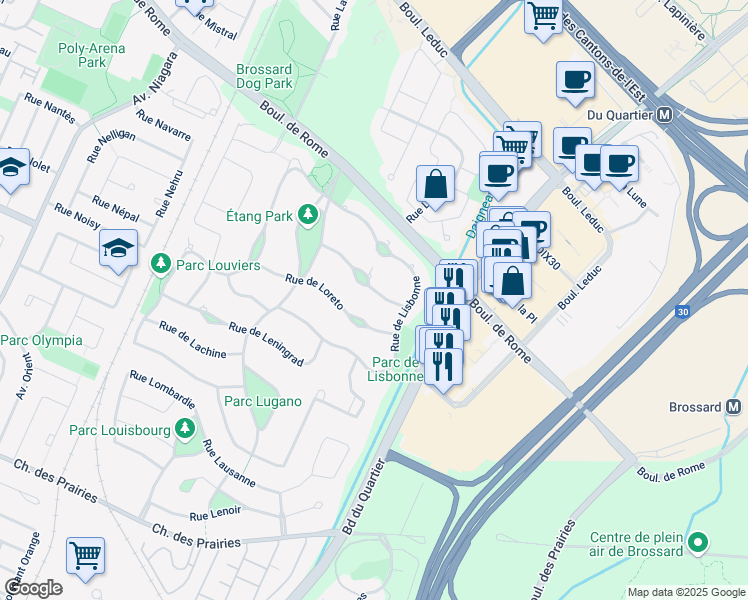 map of restaurants, bars, coffee shops, grocery stores, and more near 3665 Rue du Luxembourg in Brossard
