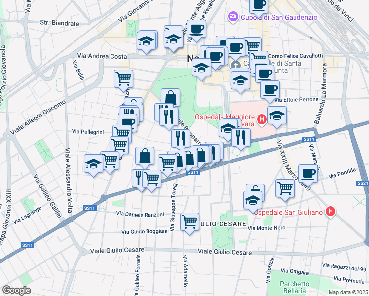 map of restaurants, bars, coffee shops, grocery stores, and more near 9 Via Claudio Monteverdi in Novara