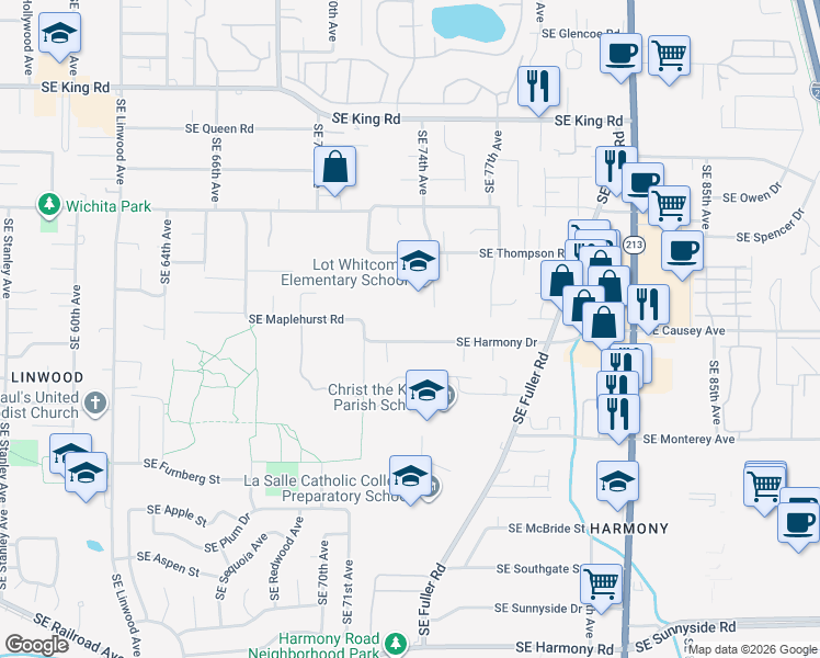 map of restaurants, bars, coffee shops, grocery stores, and more near 7317 Southeast Harmony Drive in Milwaukie