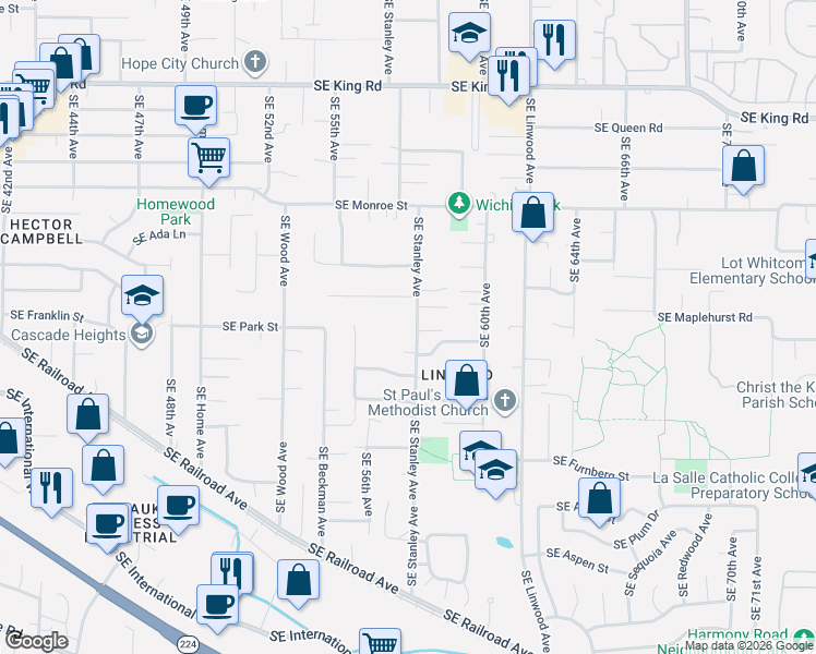 map of restaurants, bars, coffee shops, grocery stores, and more near 11315 Southeast Stanley Avenue in Milwaukie