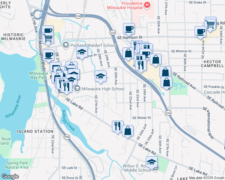 map of restaurants, bars, coffee shops, grocery stores, and more near 11337 Southeast 30th Avenue in Milwaukie