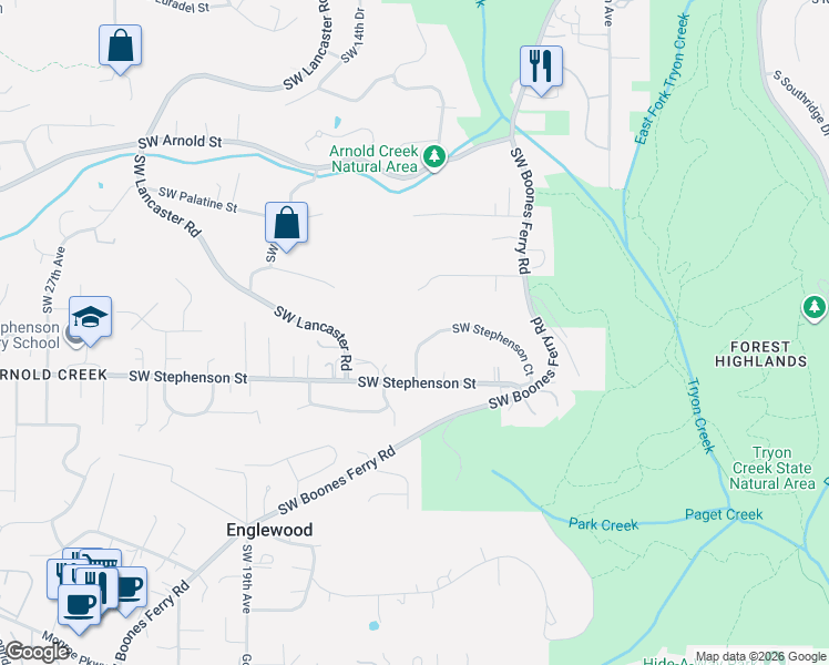 map of restaurants, bars, coffee shops, grocery stores, and more near 1161 Southwest Stephenson Court in Portland