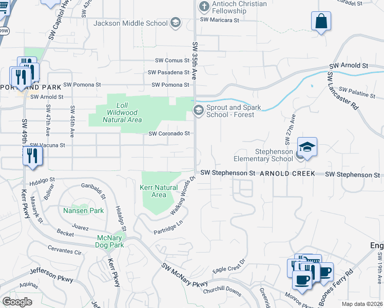map of restaurants, bars, coffee shops, grocery stores, and more near 3510 Southwest Vesta Street in Portland