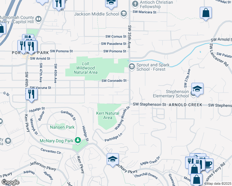map of restaurants, bars, coffee shops, grocery stores, and more near 3638 Southwest Vesta Street in Portland
