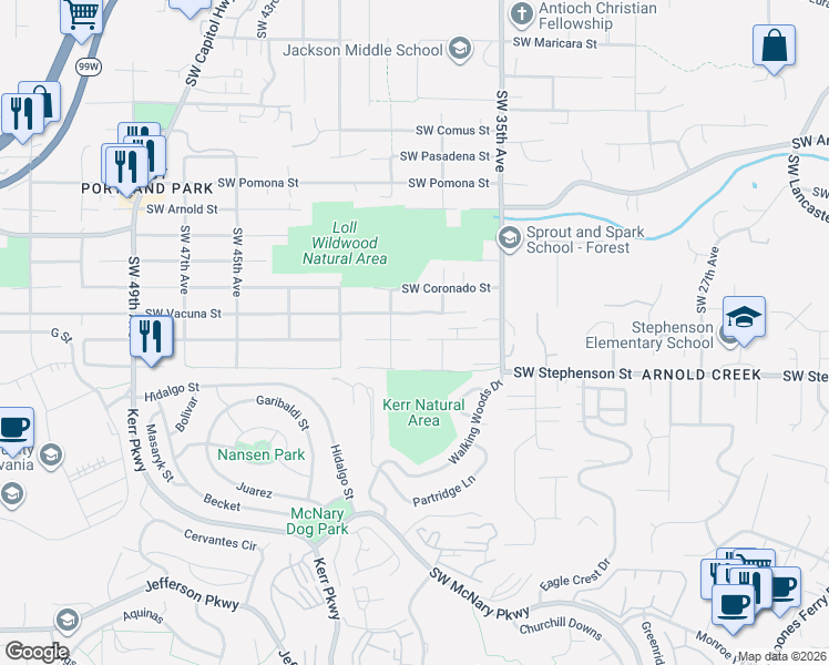 map of restaurants, bars, coffee shops, grocery stores, and more near 3828 Southwest Vesta Street in Portland