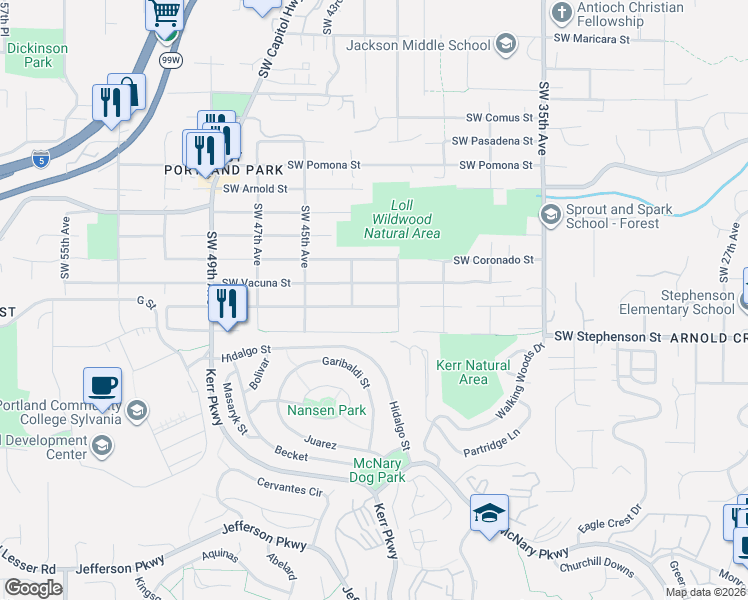 map of restaurants, bars, coffee shops, grocery stores, and more near 4110 Southwest Vesta Street in Portland