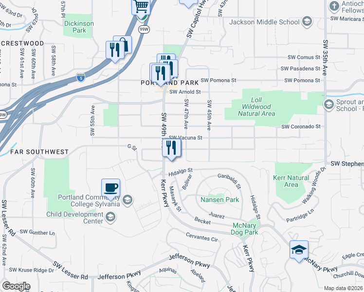 map of restaurants, bars, coffee shops, grocery stores, and more near 4706 Southwest Vesta Street in Portland
