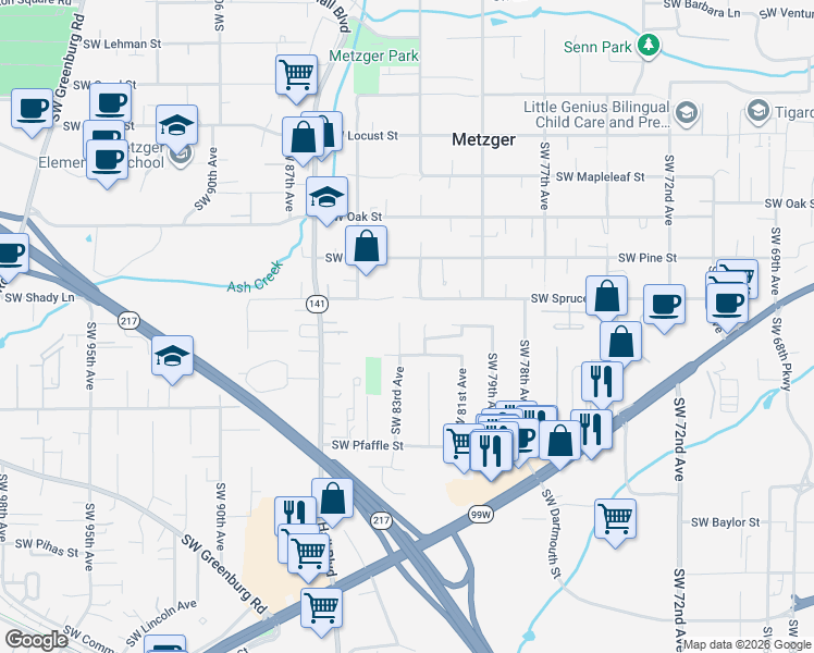 map of restaurants, bars, coffee shops, grocery stores, and more near 10925 Southwest 82nd Avenue in Tigard