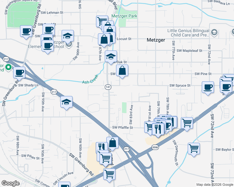 map of restaurants, bars, coffee shops, grocery stores, and more near 8542 Southwest Lucille Court in Tigard